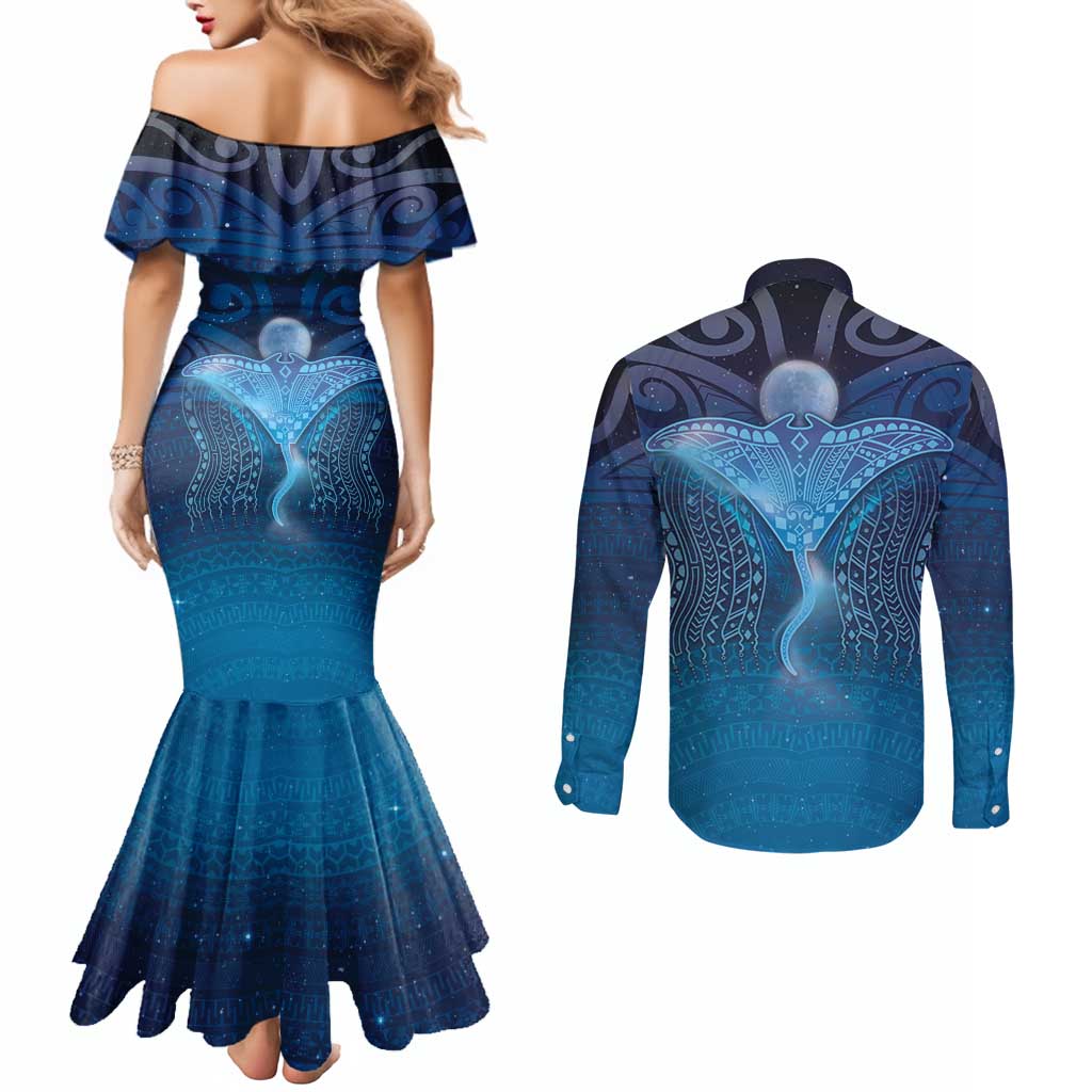Polynesia Manta Ray Couples Matching Mermaid Dress and Long Sleeve Button Shirt Let's The Sea Set You Free LT05 - Polynesian Pride