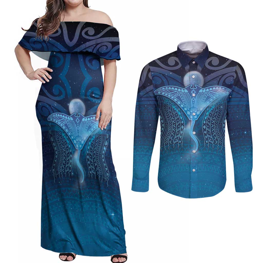 Polynesia Manta Ray Couples Matching Off Shoulder Maxi Dress and Long Sleeve Button Shirt Let's The Sea Set You Free LT05 Blue - Polynesian Pride