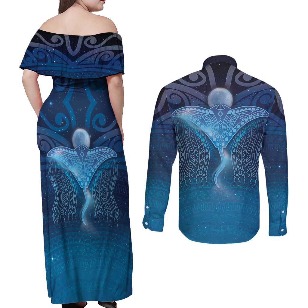 Polynesia Manta Ray Couples Matching Off Shoulder Maxi Dress and Long Sleeve Button Shirt Let's The Sea Set You Free LT05 - Polynesian Pride