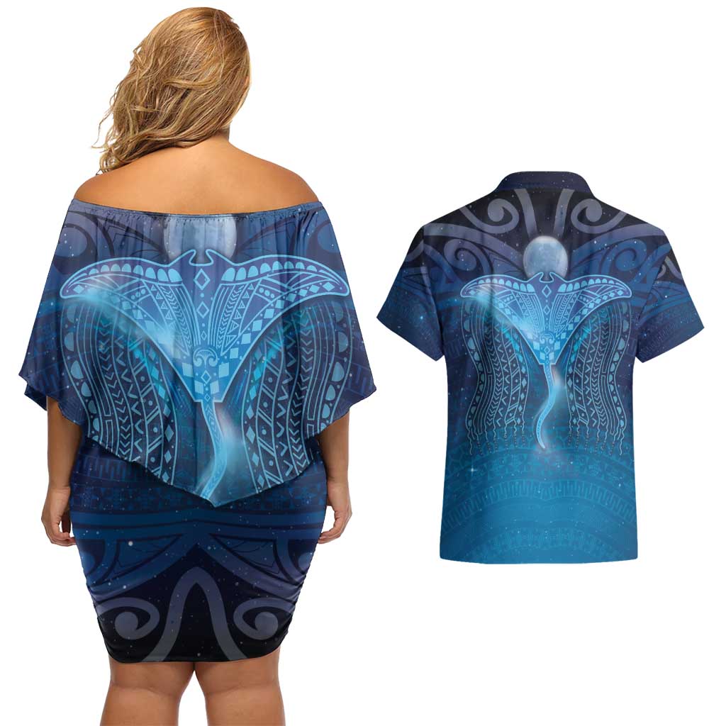 Polynesia Manta Ray Couples Matching Off Shoulder Short Dress and Hawaiian Shirt Let's The Sea Set You Free - Polynesian Pride