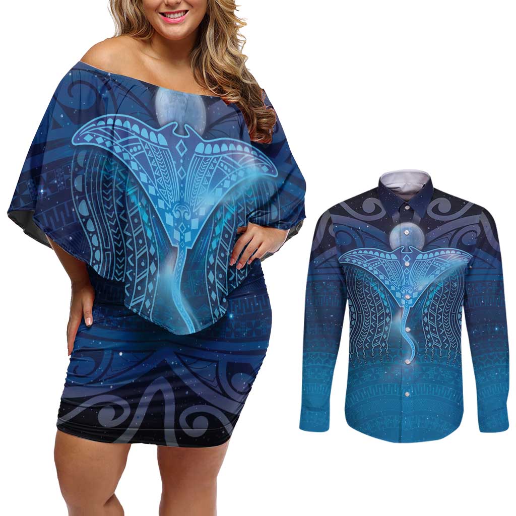 Polynesia Manta Ray Couples Matching Off Shoulder Short Dress and Long Sleeve Button Shirt Let's The Sea Set You Free LT05 Blue - Polynesian Pride