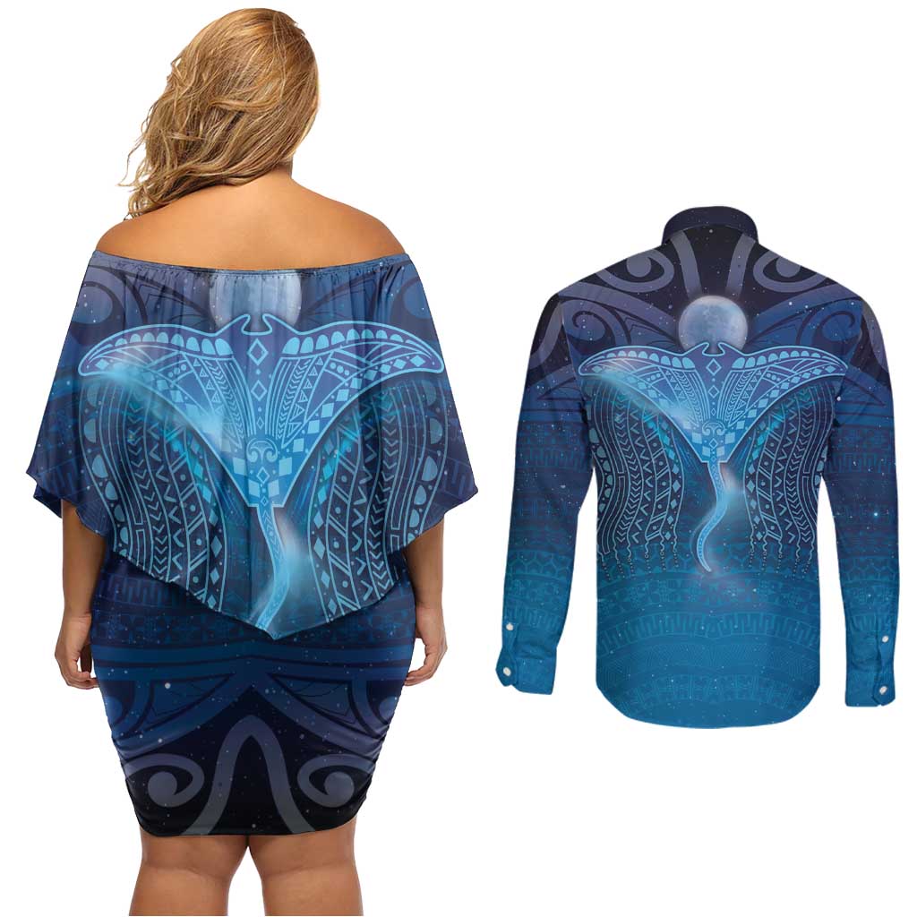 Polynesia Manta Ray Couples Matching Off Shoulder Short Dress and Long Sleeve Button Shirt Let's The Sea Set You Free LT05 - Polynesian Pride