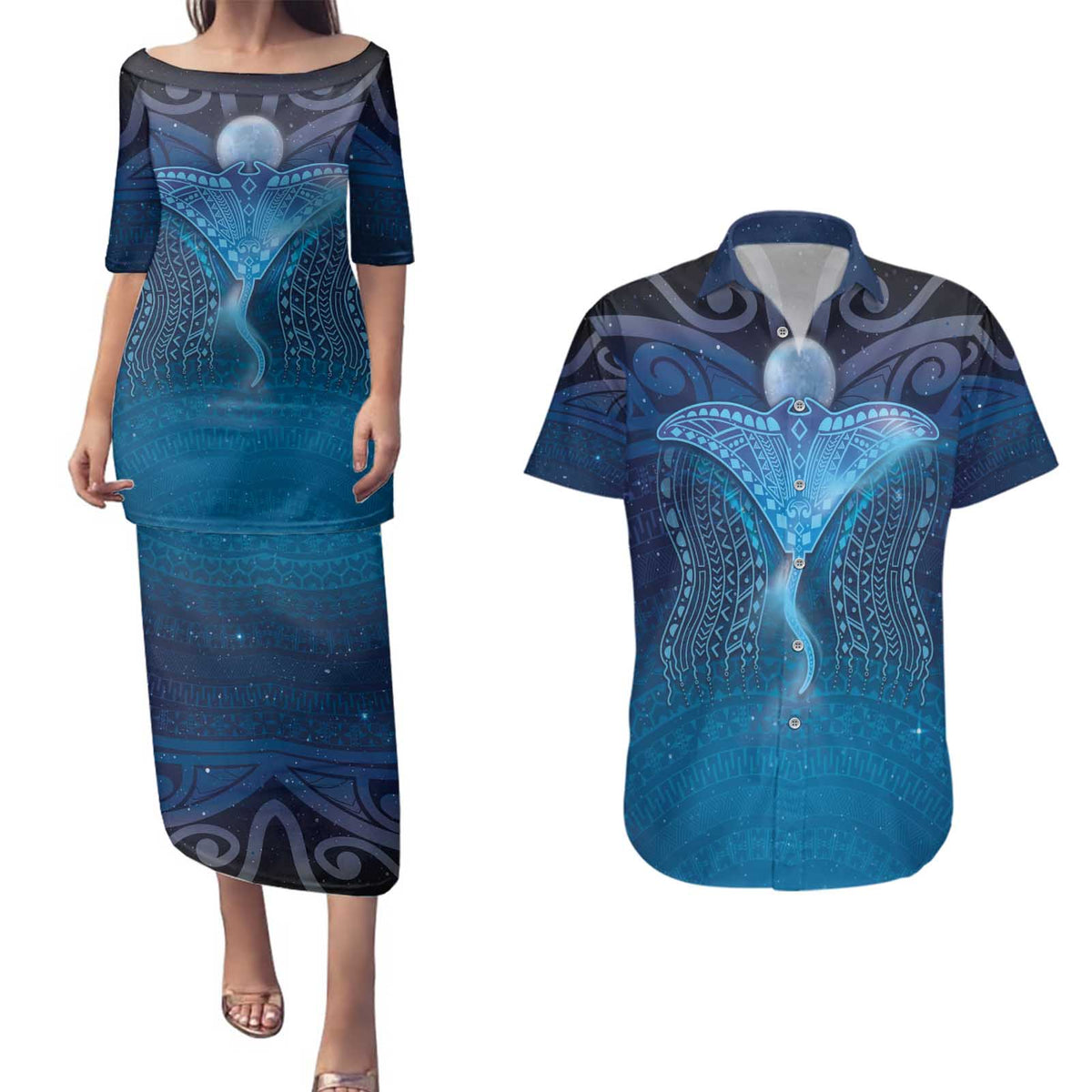 Polynesia Manta Ray Couples Matching Puletasi and Hawaiian Shirt Let's The Sea Set You Free LT05 Blue - Polynesian Pride