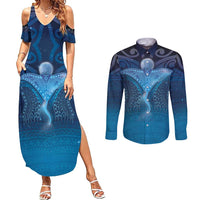 Polynesia Manta Ray Couples Matching Summer Maxi Dress and Long Sleeve Button Shirt Let's The Sea Set You Free LT05 Blue - Polynesian Pride