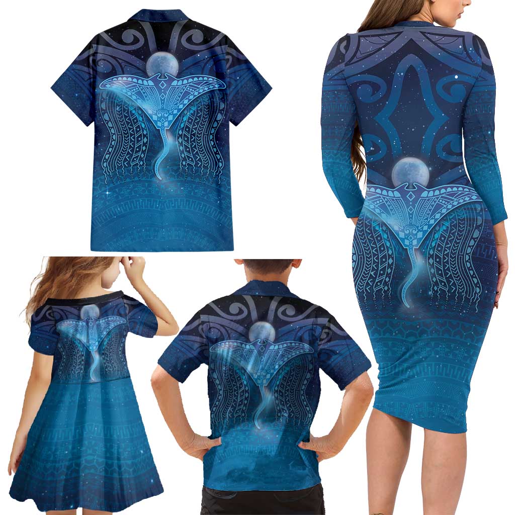 Polynesia Manta Ray Family Matching Long Sleeve Bodycon Dress and Hawaiian Shirt Let's The Sea Set You Free - Polynesian Pride