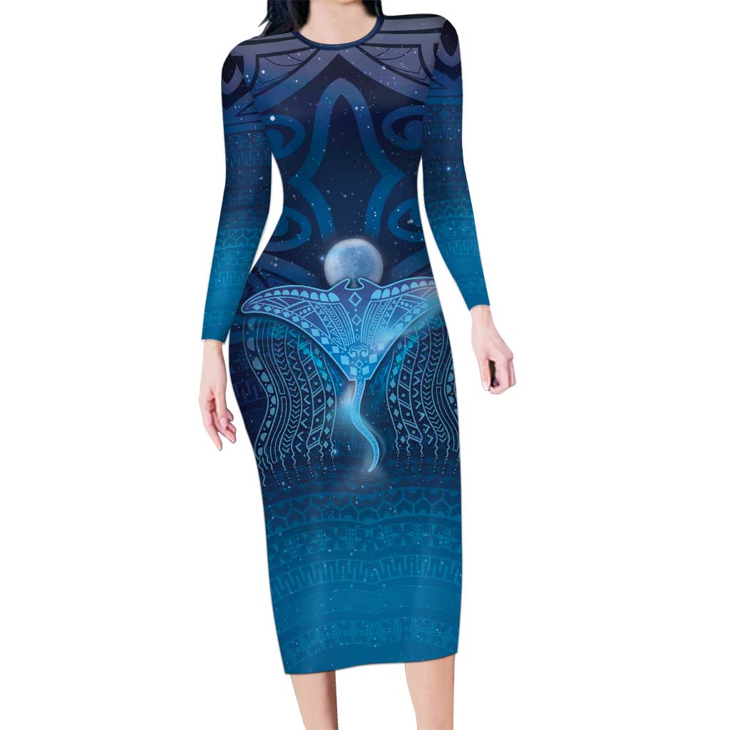 Polynesia Manta Ray Family Matching Long Sleeve Bodycon Dress and Hawaiian Shirt Let's The Sea Set You Free - Polynesian Pride