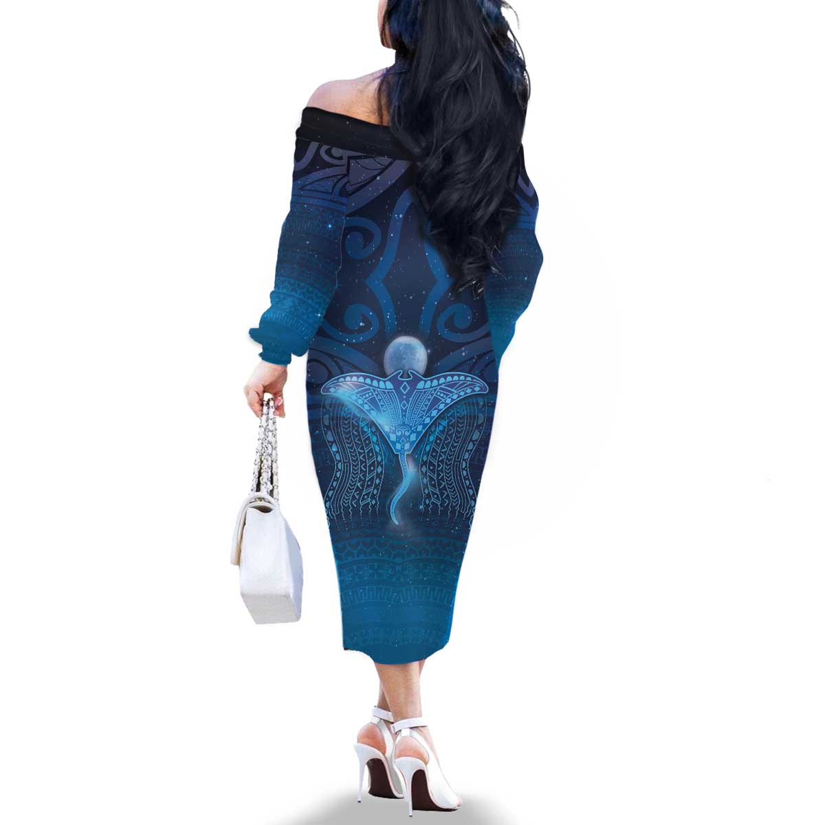 Polynesia Manta Ray Family Matching Off The Shoulder Long Sleeve Dress and Hawaiian Shirt Let's The Sea Set You Free - Polynesian Pride