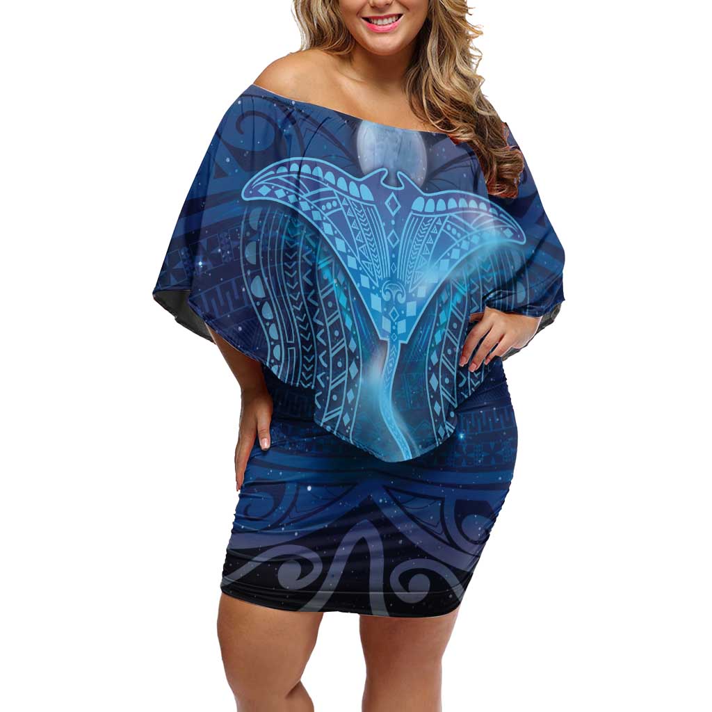 Polynesia Manta Ray Family Matching Off Shoulder Short Dress and Hawaiian Shirt Let's The Sea Set You Free - Polynesian Pride