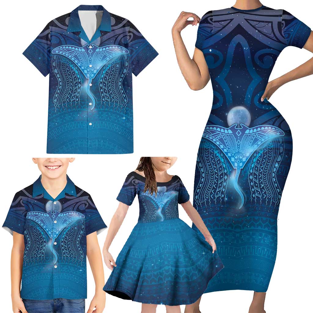 Polynesia Manta Ray Family Matching Short Sleeve Bodycon Dress and Hawaiian Shirt Let's The Sea Set You Free - Polynesian Pride