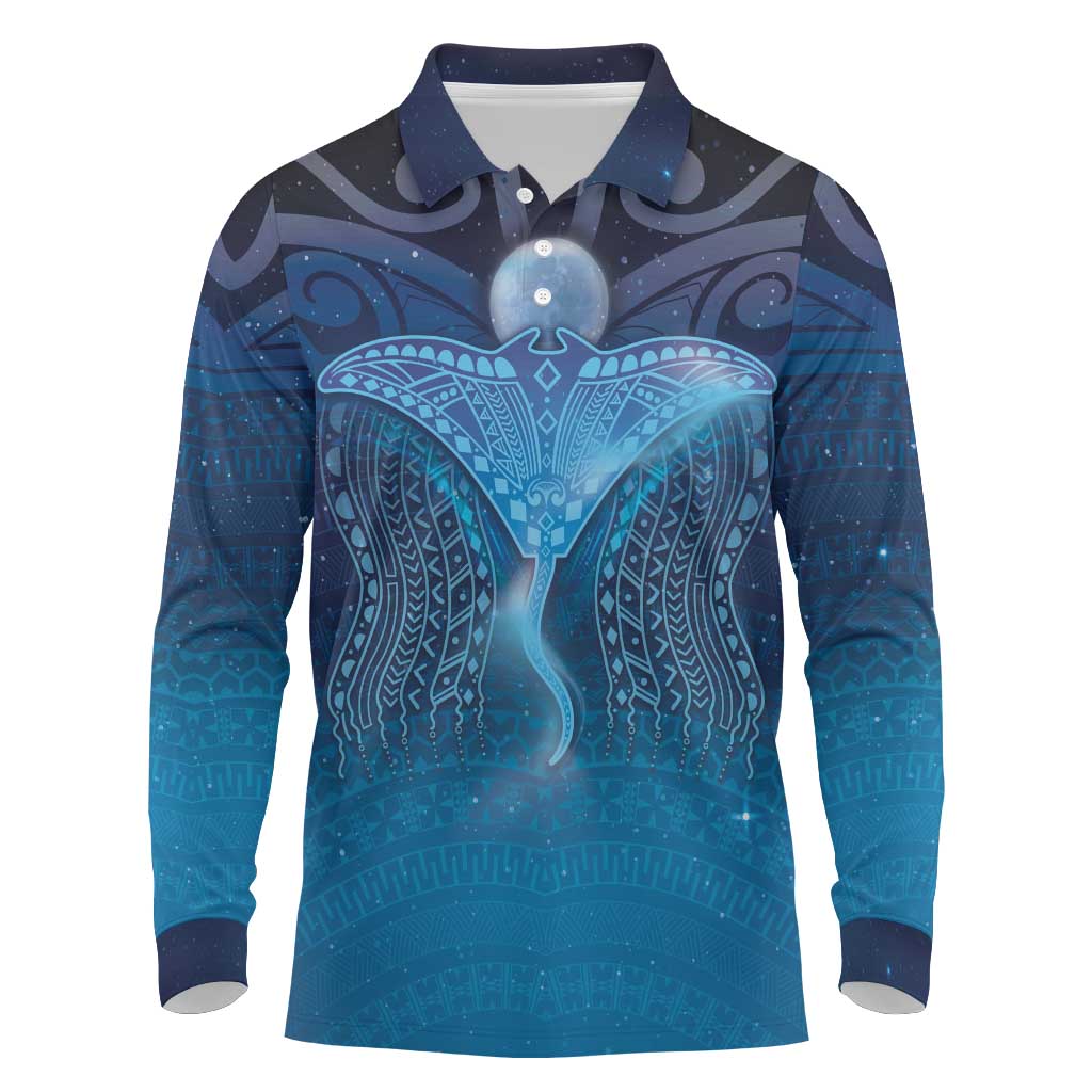 Polynesia Manta Ray Long Sleeve Polo Shirt Let's The Sea Set You Free LT05 Blue - Polynesian Pride
