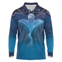 Polynesia Manta Ray Long Sleeve Polo Shirt Let's The Sea Set You Free LT05 Blue - Polynesian Pride