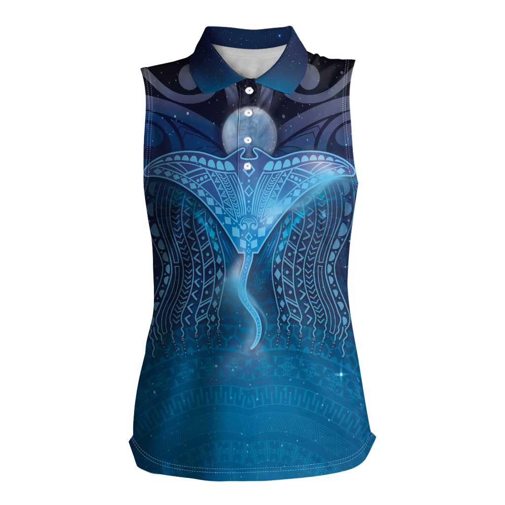 Polynesia Manta Ray Women Sleeveless Polo Shirt Let's The Sea Set You Free LT05 Female Blue - Polynesian Pride