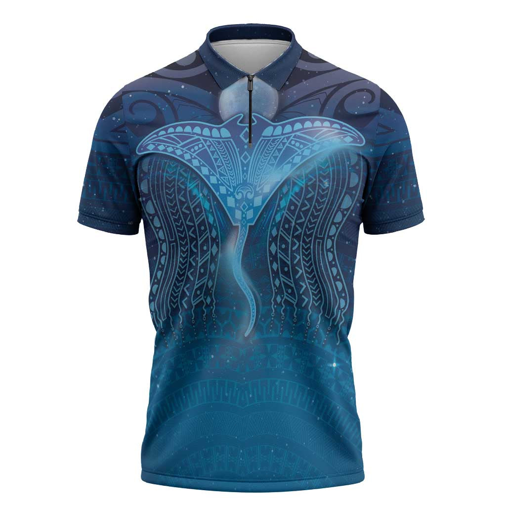 Polynesia Manta Ray Zipper Polo Shirt Let's The Sea Set You Free LT05 Blue - Polynesian Pride