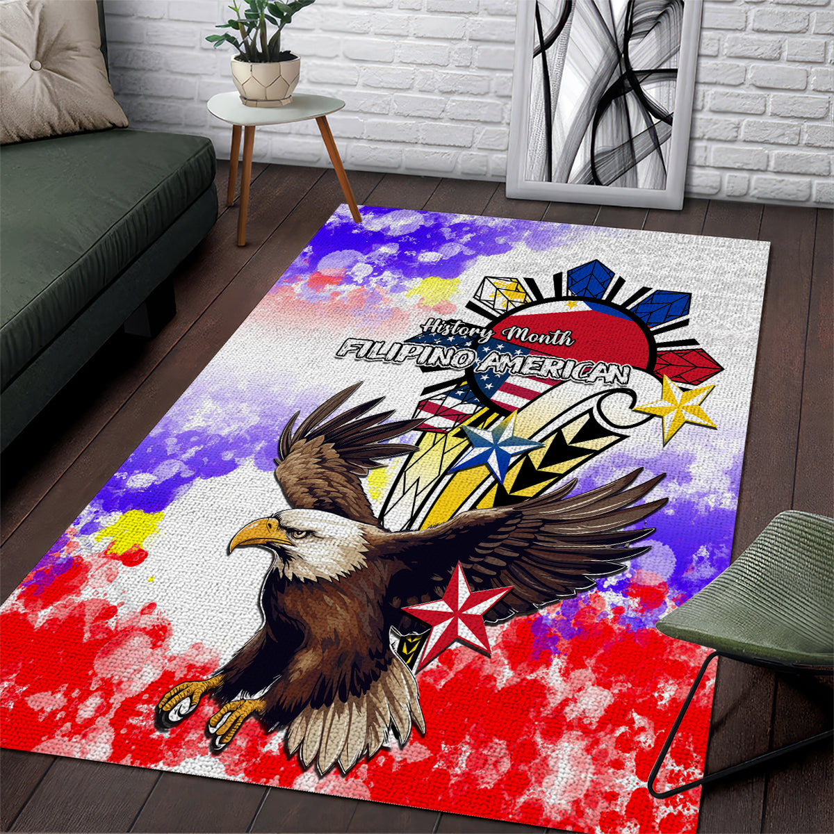 Filipino American History Month Area Rug The Eight-Rayed Sun Flags With Bald Eagle LT05 White - Polynesian Pride