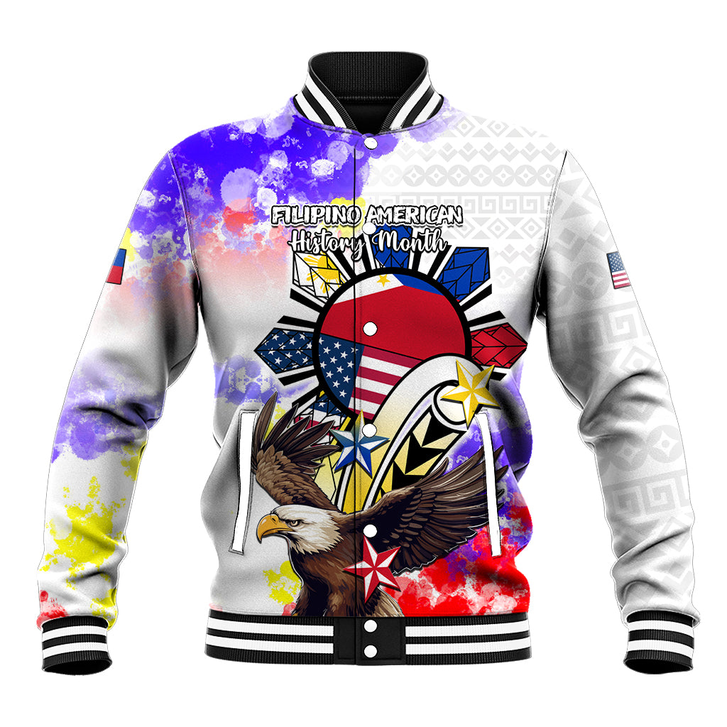 Filipino American History Month Baseball Jacket The Eight-Rayed Sun Flags With Bald Eagle LT05 Unisex White - Polynesian Pride