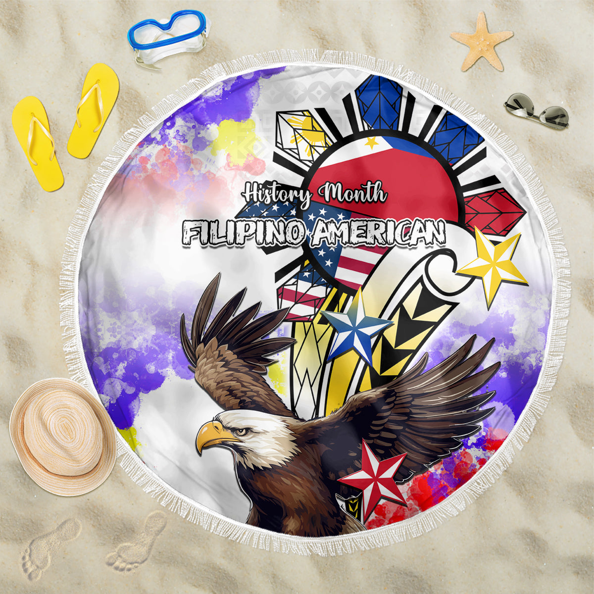 Filipino American History Month Beach Blanket The Eight-Rayed Sun Flags With Bald Eagle LT05 One Size 150cm White - Wonder Print Shop