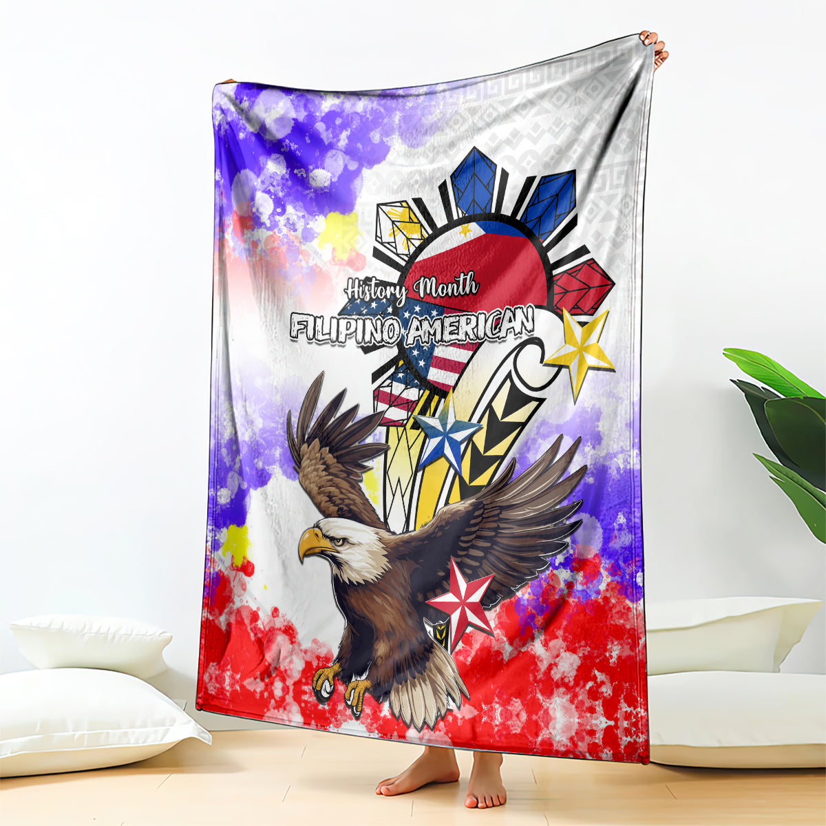 Filipino American History Month Blanket The Eight-Rayed Sun Flags With Bald Eagle LT05 White - Polynesian Pride