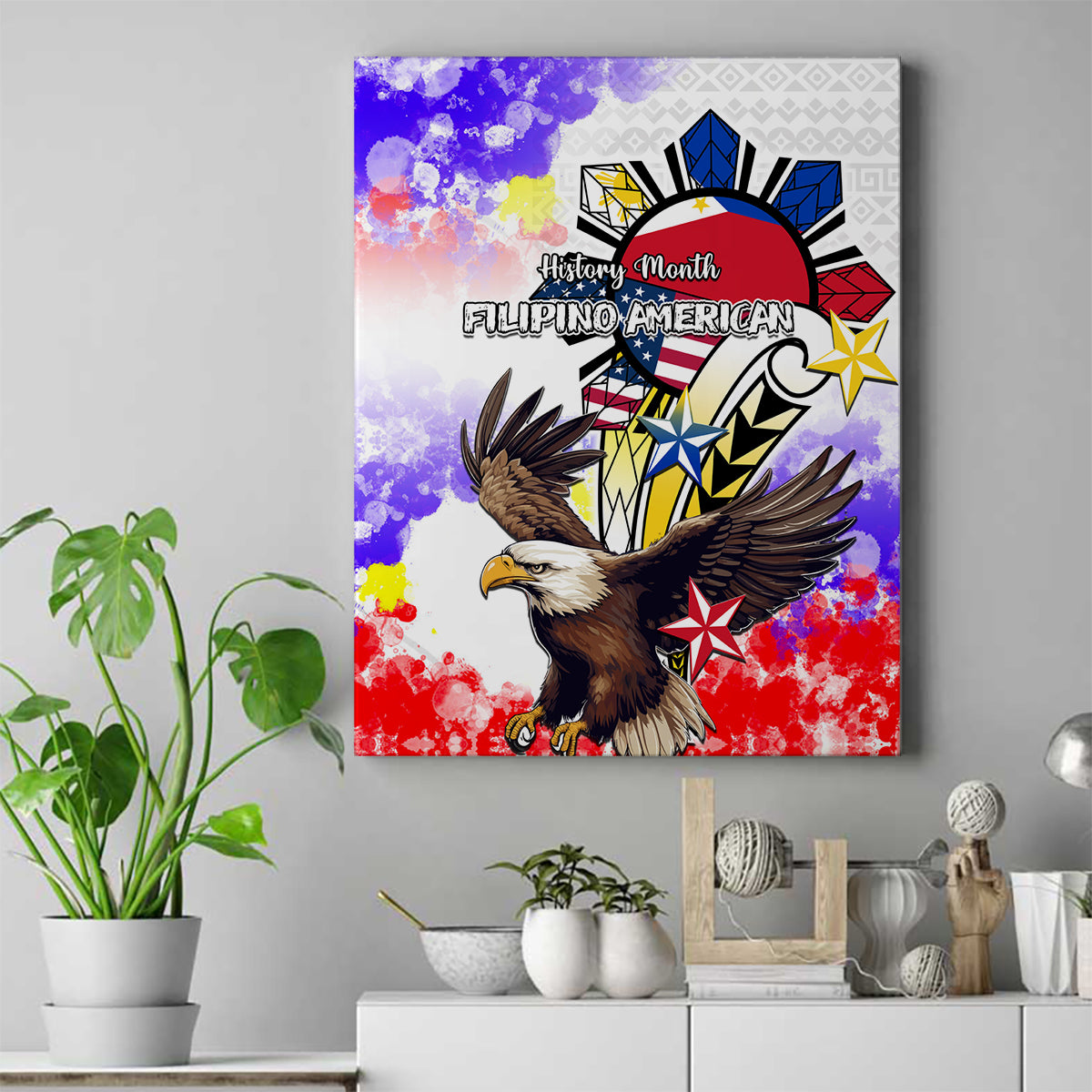 Filipino American History Month Canvas Wall Art The Eight-Rayed Sun Flags With Bald Eagle LT05 White - Polynesian Pride