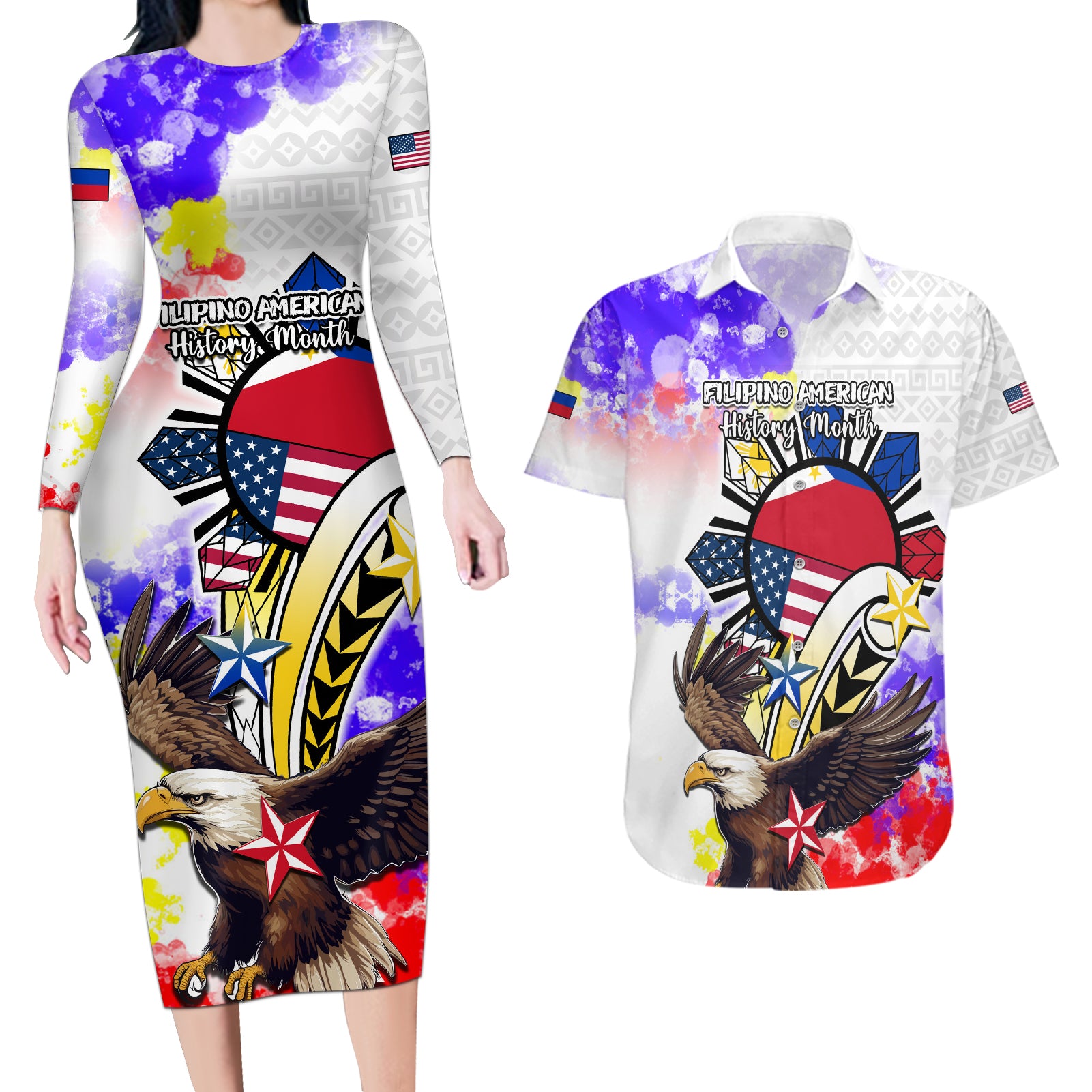 Filipino American History Month Couples Matching Long Sleeve Bodycon Dress and Hawaiian Shirt The Eight-Rayed Sun Flags With Bald Eagle LT05 White - Polynesian Pride