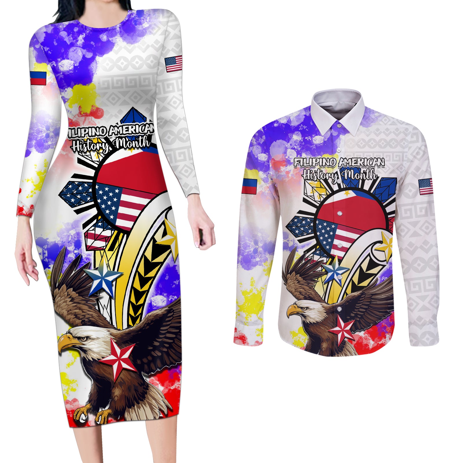 Filipino American History Month Couples Matching Long Sleeve Bodycon Dress and Long Sleeve Button Shirts The Eight-Rayed Sun Flags With Bald Eagle LT05 White - Polynesian Pride