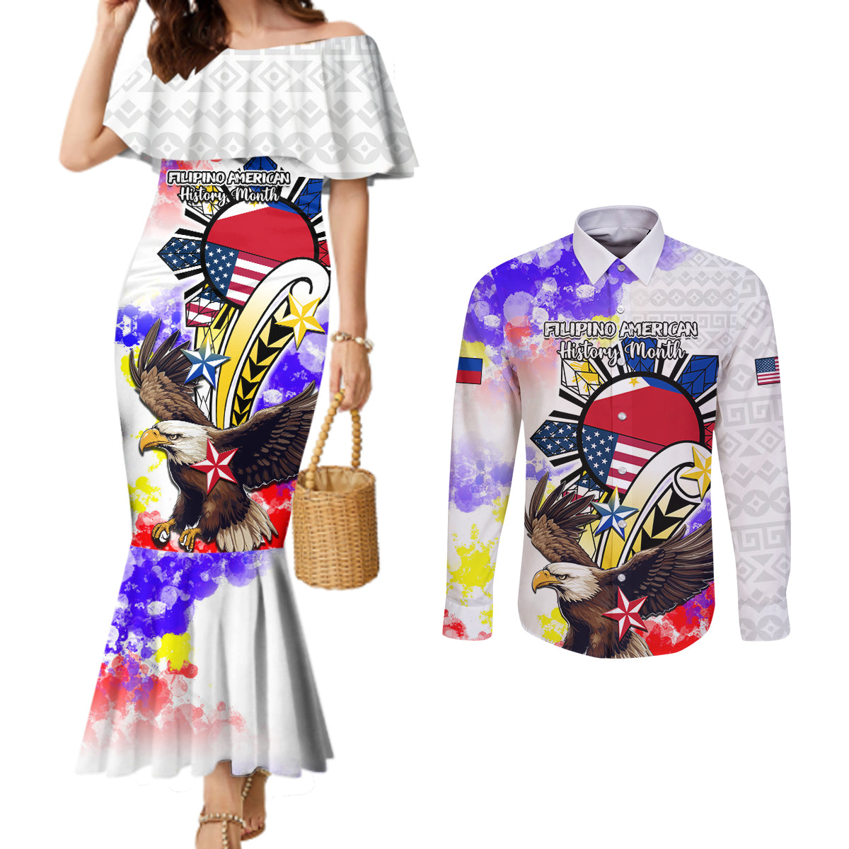 Filipino American History Month Couples Matching Mermaid Dress and Long Sleeve Button Shirts The Eight-Rayed Sun Flags With Bald Eagle LT05 White - Polynesian Pride