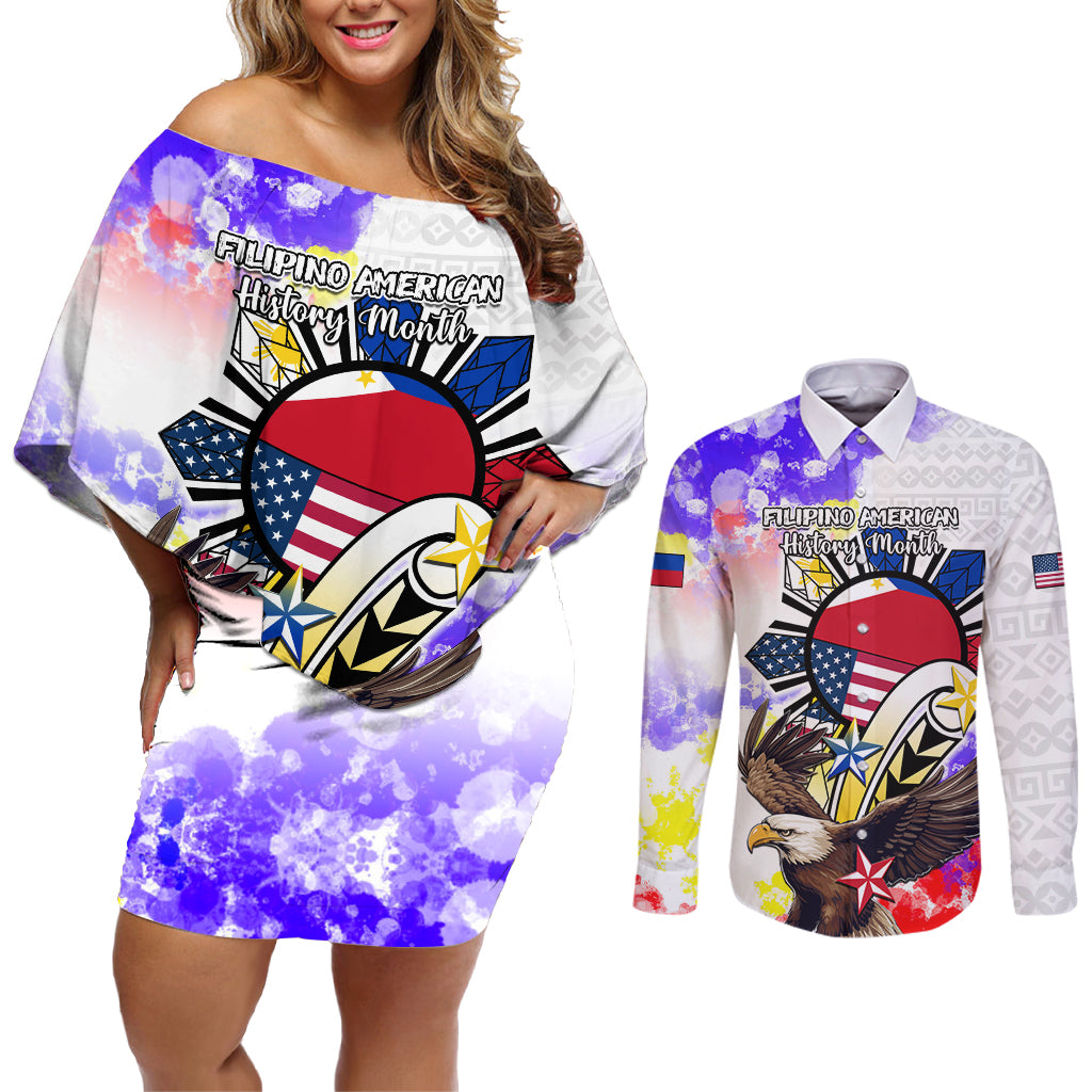 Filipino American History Month Couples Matching Off Shoulder Short Dress and Long Sleeve Button Shirts The Eight-Rayed Sun Flags With Bald Eagle LT05 White - Polynesian Pride