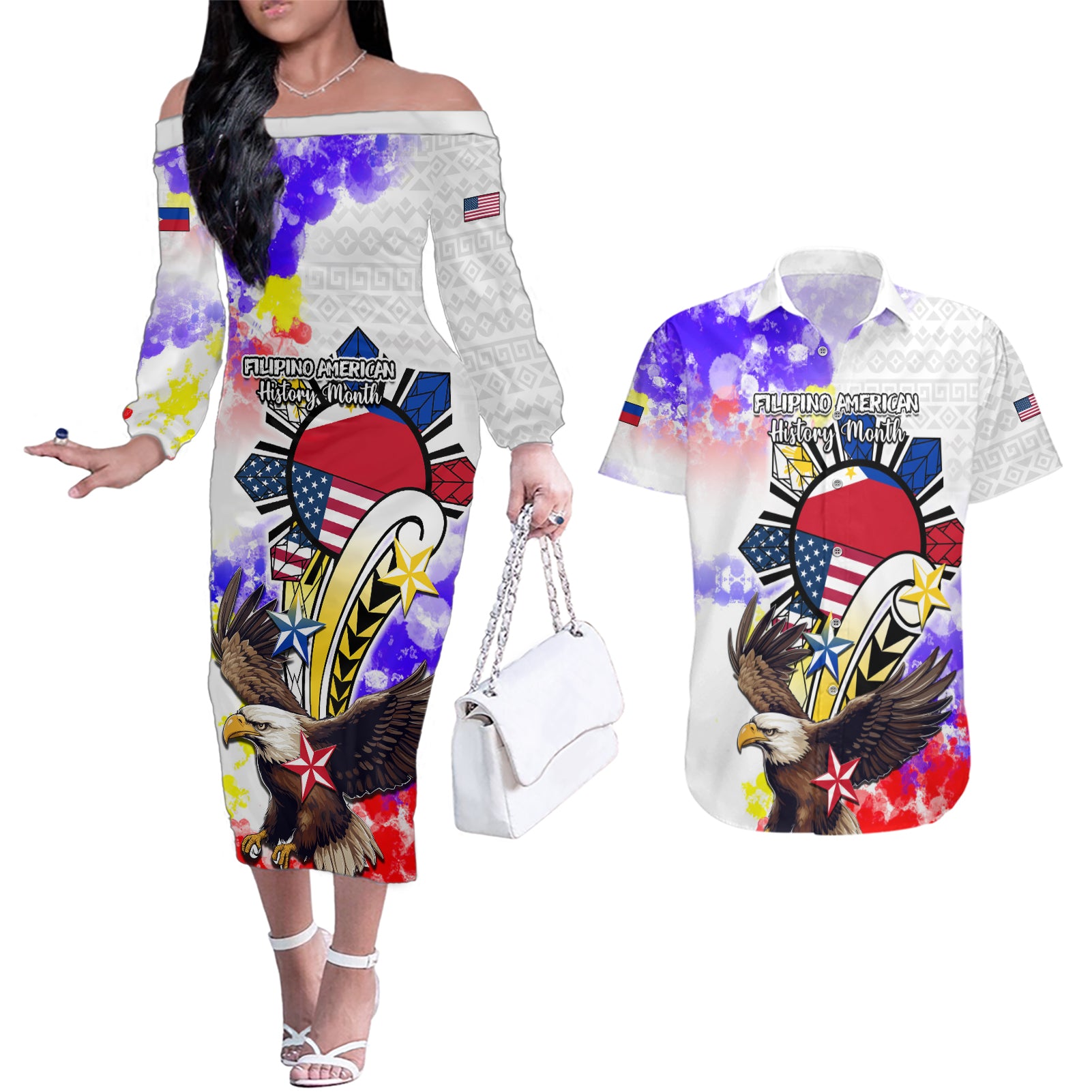 Filipino American History Month Couples Matching Off The Shoulder Long Sleeve Dress and Hawaiian Shirt The Eight-Rayed Sun Flags With Bald Eagle LT05 White - Polynesian Pride