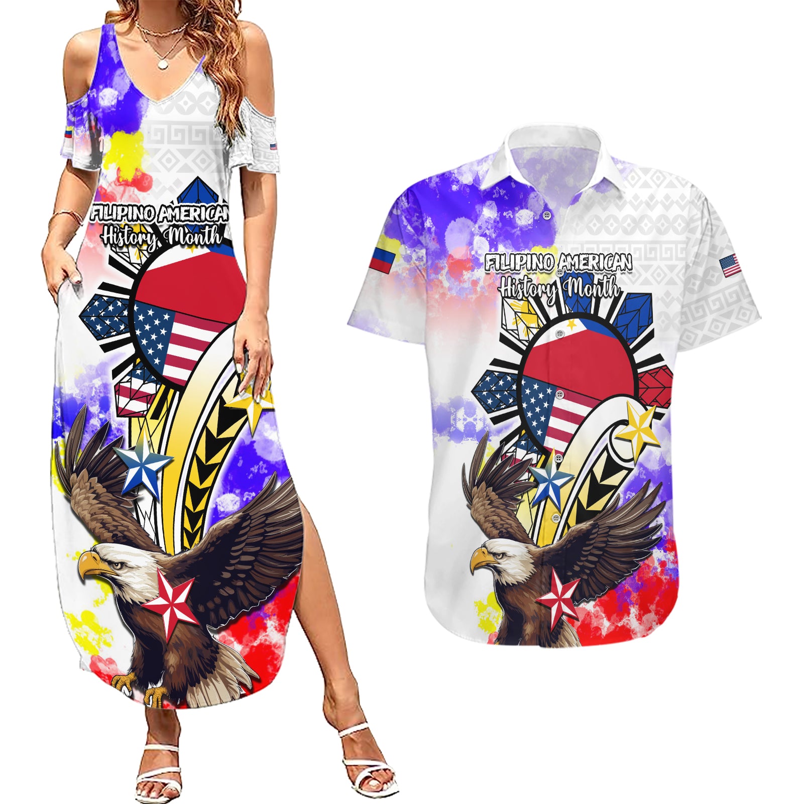 Filipino American History Month Couples Matching Summer Maxi Dress and Hawaiian Shirt The Eight-Rayed Sun Flags With Bald Eagle LT05 White - Polynesian Pride