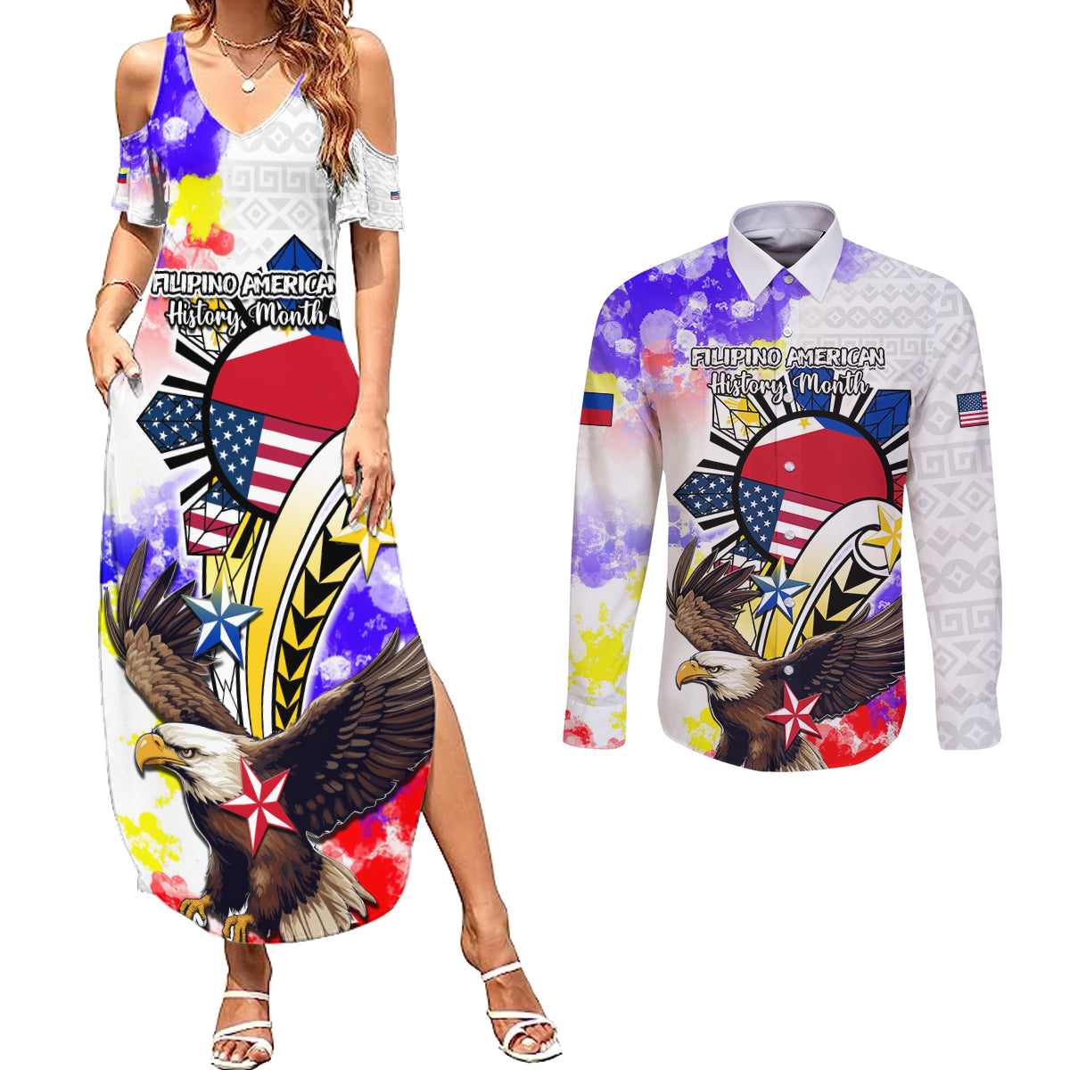 Filipino American History Month Couples Matching Summer Maxi Dress and Long Sleeve Button Shirts The Eight-Rayed Sun Flags With Bald Eagle LT05 White - Polynesian Pride