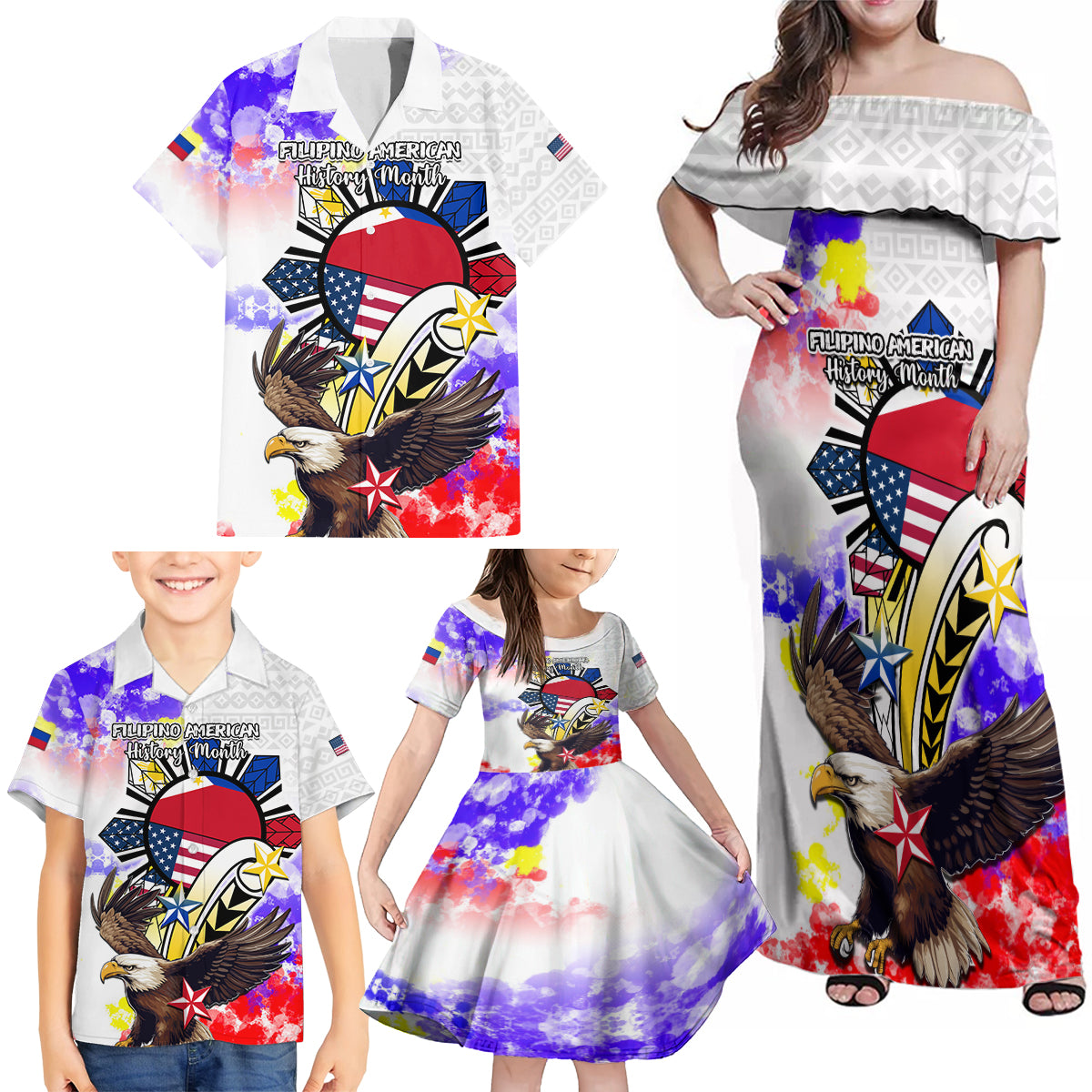 Filipino American History Month Family Matching Off Shoulder Maxi Dress and Hawaiian Shirt The Eight-Rayed Sun Flags With Bald Eagle LT05 - Polynesian Pride