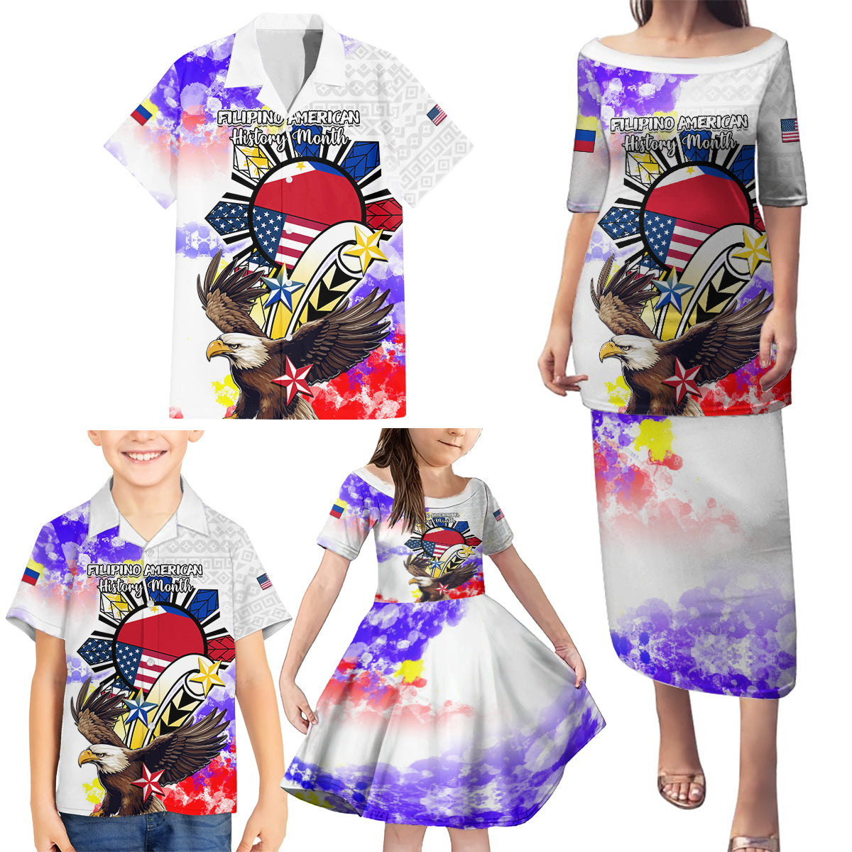 Filipino American History Month Family Matching Puletasi Dress and Hawaiian Shirt The Eight-Rayed Sun Flags With Bald Eagle LT05 - Polynesian Pride