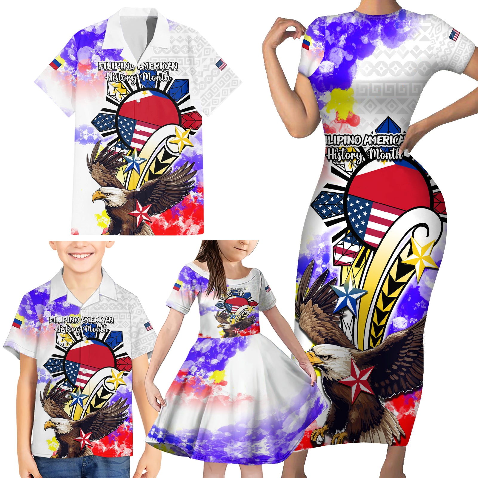 Filipino American History Month Family Matching Short Sleeve Bodycon Dress and Hawaiian Shirt The Eight-Rayed Sun Flags With Bald Eagle LT05 - Polynesian Pride