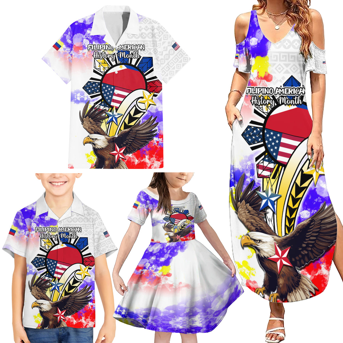 Filipino American History Month Family Matching Summer Maxi Dress and Hawaiian Shirt The Eight-Rayed Sun Flags With Bald Eagle LT05 - Polynesian Pride