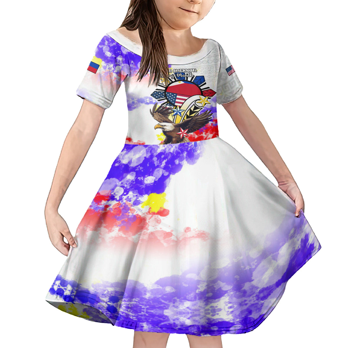 Filipino American History Month Kid Short Sleeve Dress The Eight-Rayed Sun Flags With Bald Eagle LT05 KID White - Polynesian Pride