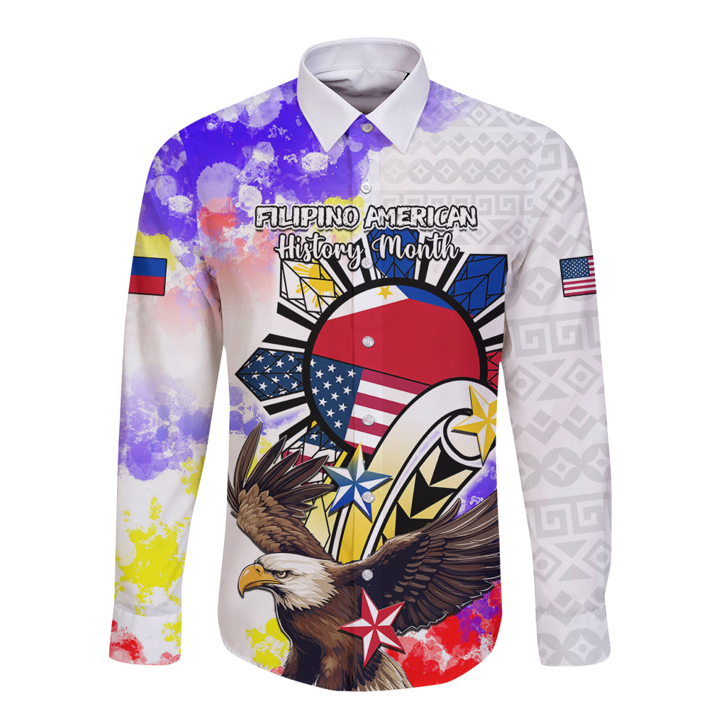 Filipino American History Month Long Sleeve Button Shirt The Eight-Rayed Sun Flags With Bald Eagle LT05 Unisex White - Polynesian Pride