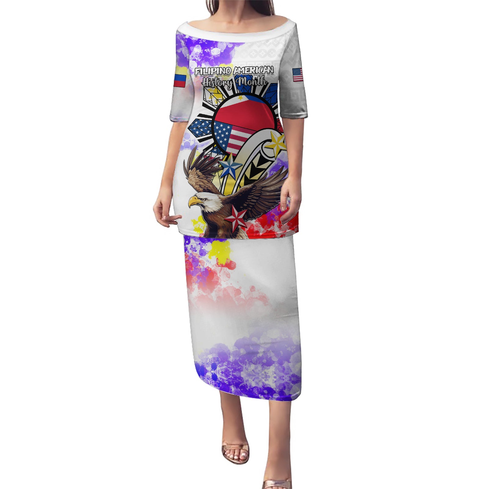 Filipino American History Month Puletasi The Eight-Rayed Sun Flags With Bald Eagle LT05 Long Dress White - Polynesian Pride