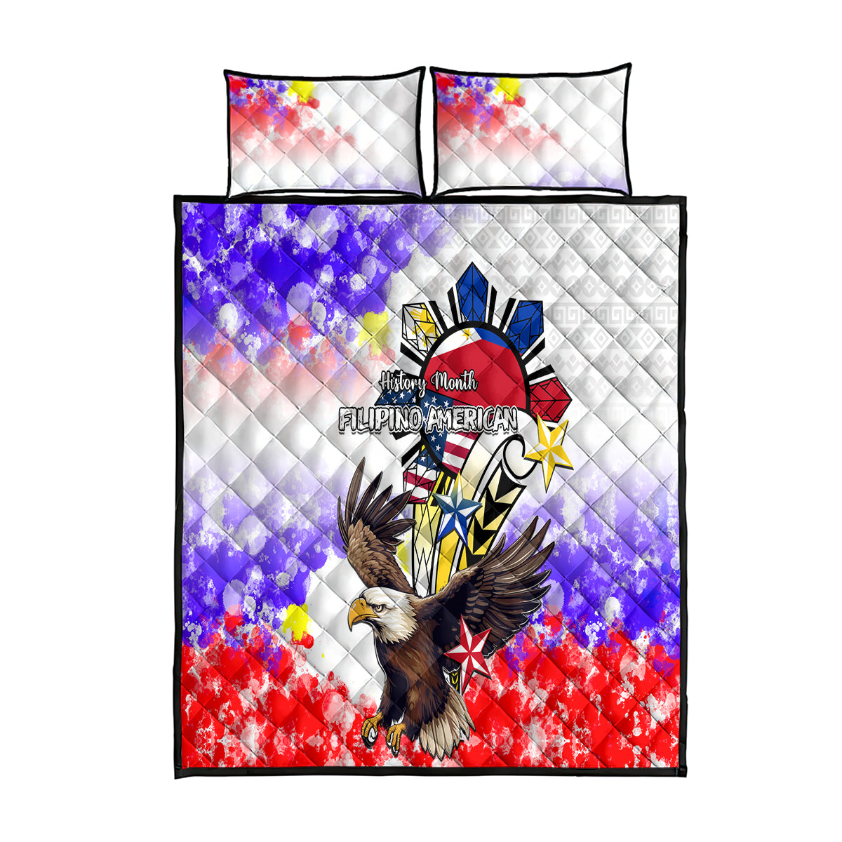 Filipino American History Month Quilt Bed Set The Eight-Rayed Sun Flags With Bald Eagle LT05 White - Polynesian Pride