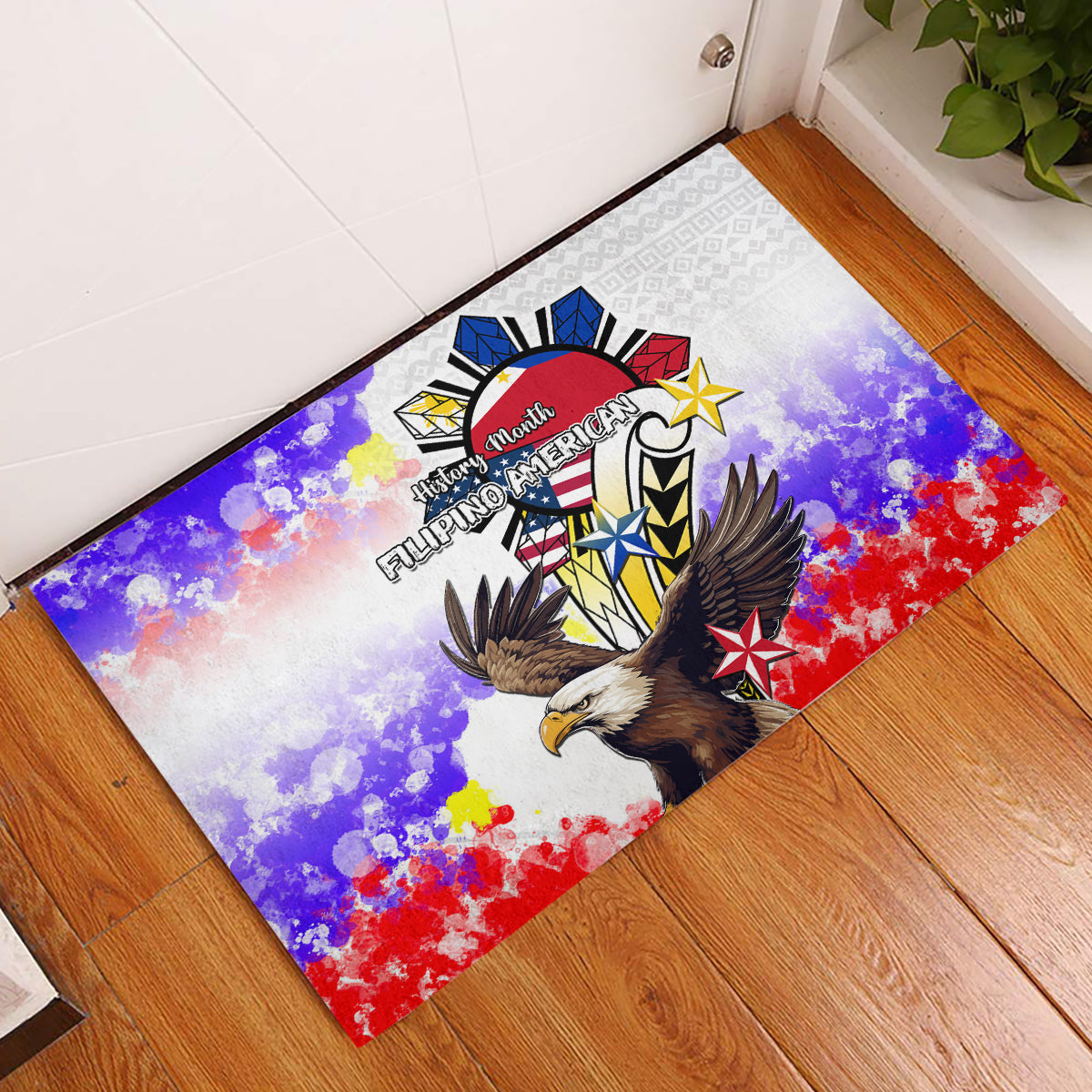 Filipino American History Month Rubber Doormat The Eight-Rayed Sun Flags With Bald Eagle LT05 White - Polynesian Pride