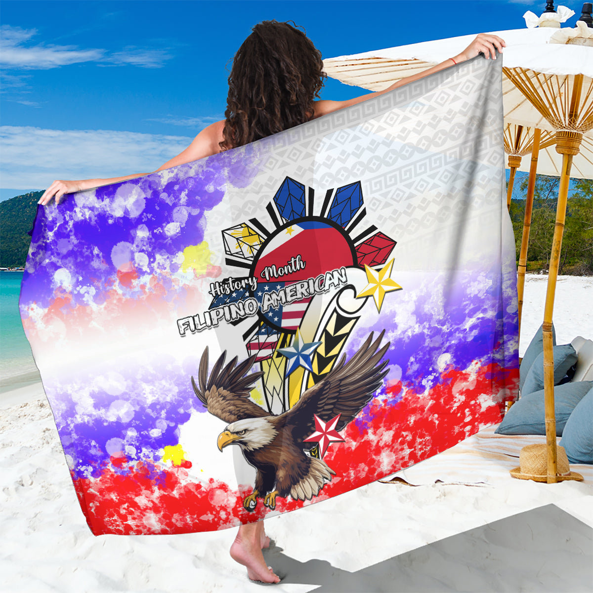 Filipino American History Month Sarong The Eight-Rayed Sun Flags With Bald Eagle LT05 One Size 44 x 66 inches White - Polynesian Pride