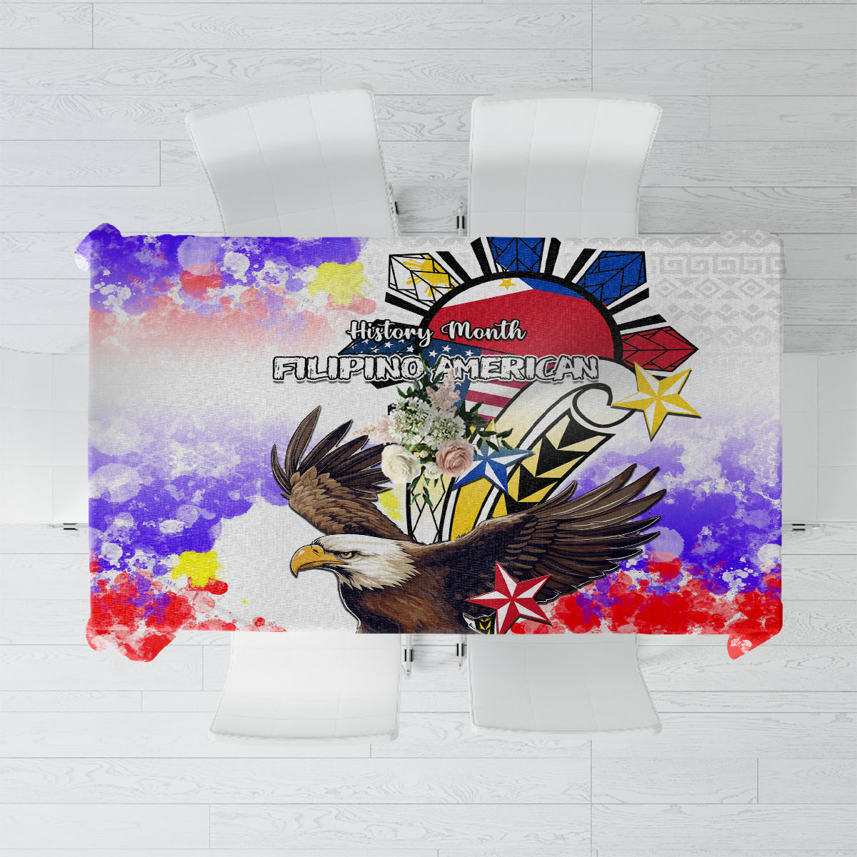 Filipino American History Month Tablecloth The Eight-Rayed Sun Flags With Bald Eagle LT05 White - Polynesian Pride