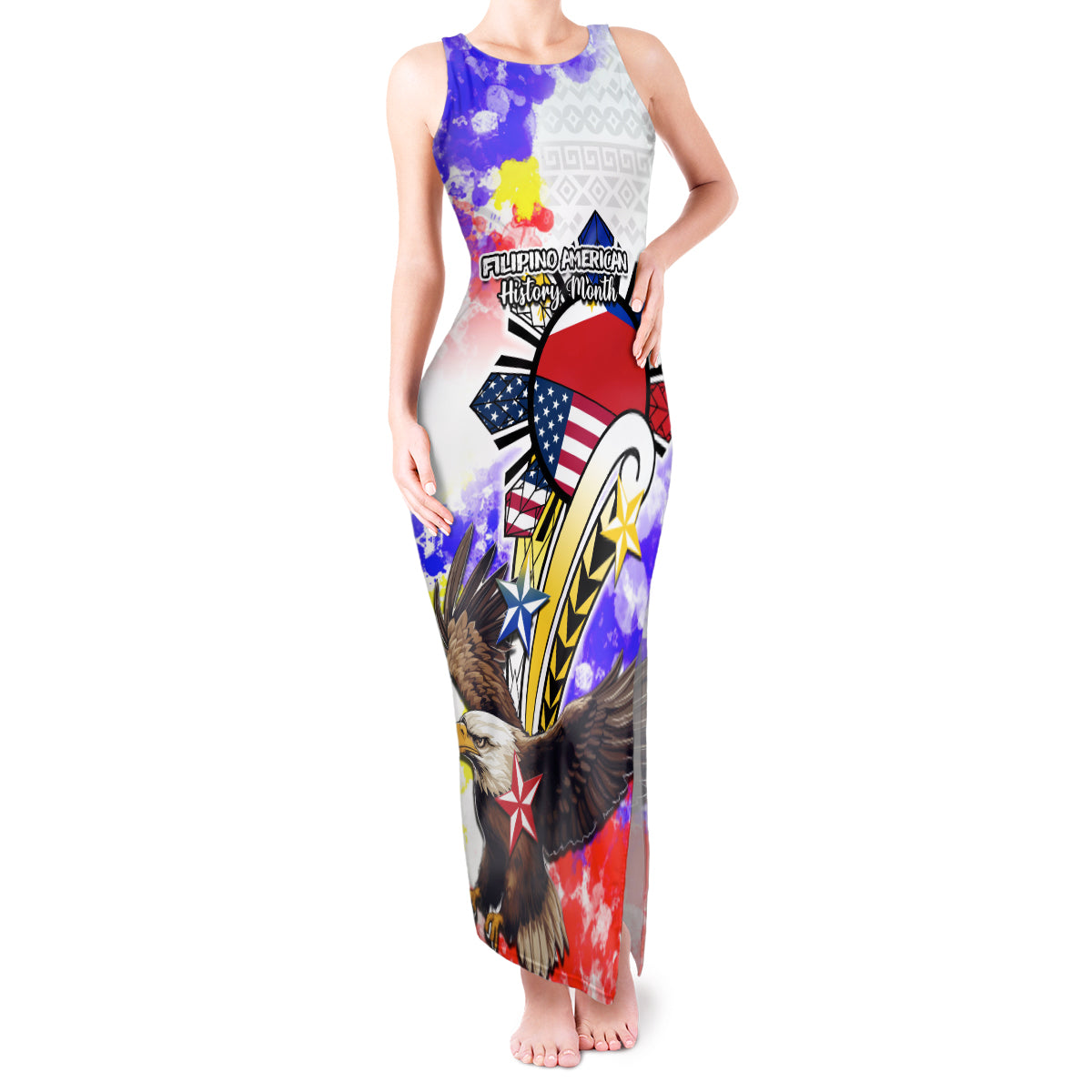 Filipino American History Month Tank Maxi Dress The Eight-Rayed Sun Flags With Bald Eagle LT05 Women White - Polynesian Pride