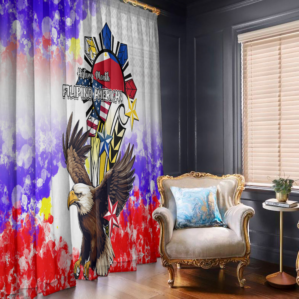 Filipino American History Month Window Curtain The Eight-Rayed Sun Flags With Bald Eagle LT05 White - Polynesian Pride