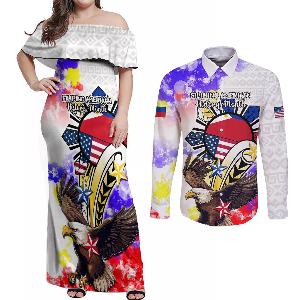 Personalized Filipino American History Month Couples Matching Off Shoulder Maxi Dress and Long Sleeve Button Shirts The Eight-Rayed Sun Flags With Bald Eagle LT05 White - Polynesian Pride