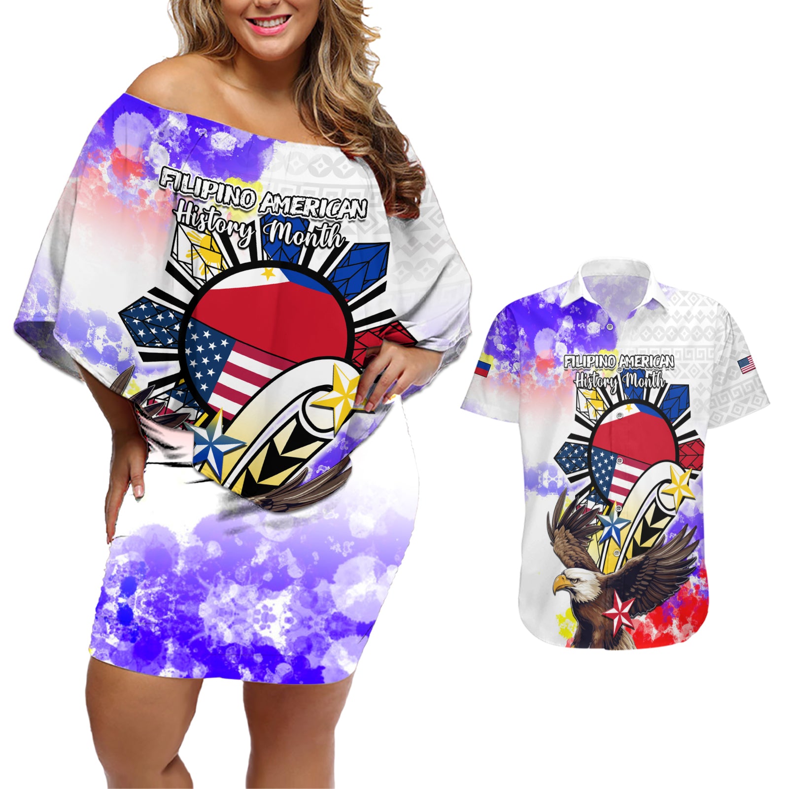 Personalized Filipino American History Month Couples Matching Off Shoulder Short Dress and Hawaiian Shirt The Eight-Rayed Sun Flags With Bald Eagle LT05 White - Polynesian Pride