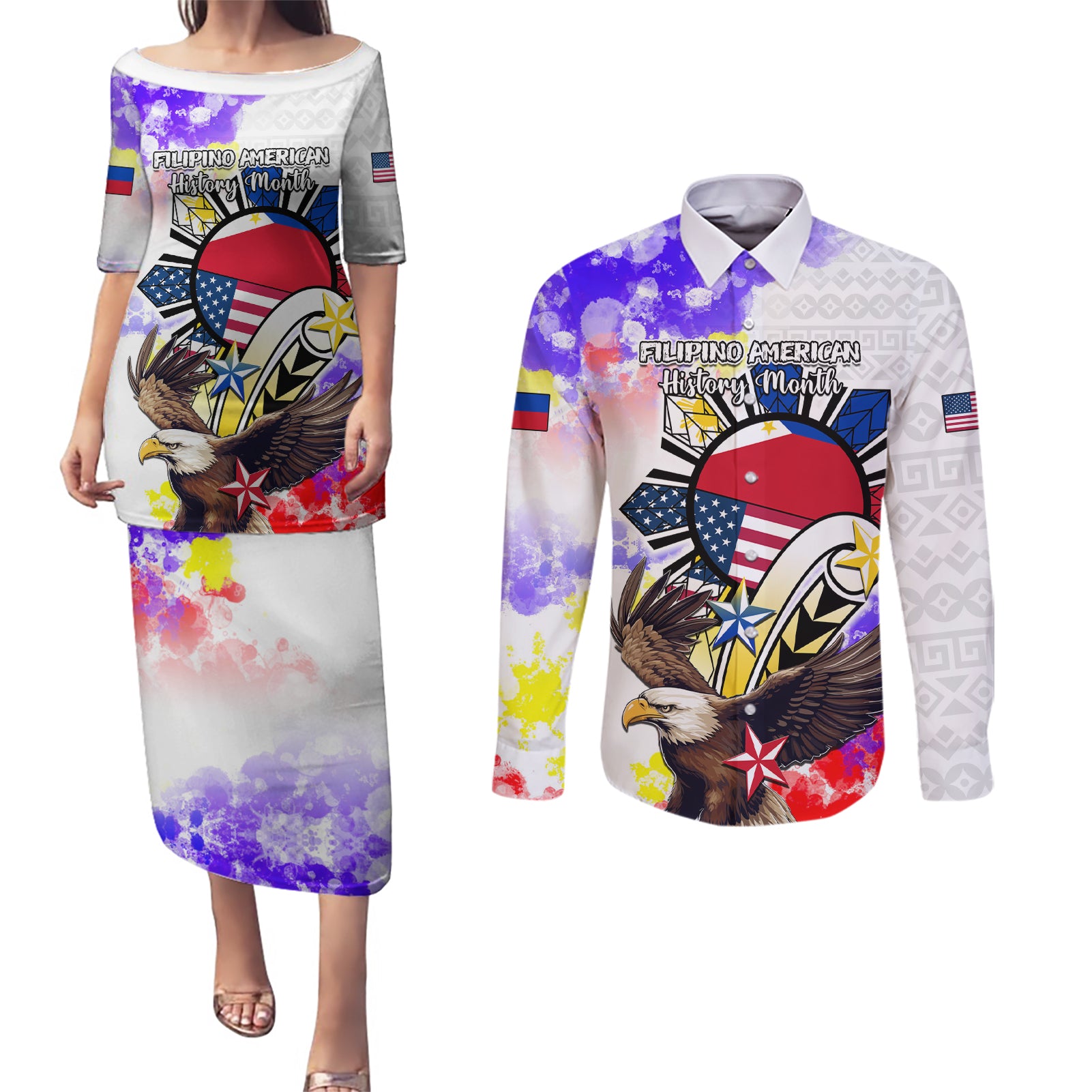 Personalized Filipino American History Month Couples Matching Puletasi Dress and Long Sleeve Button Shirts The Eight-Rayed Sun Flags With Bald Eagle LT05 White - Polynesian Pride