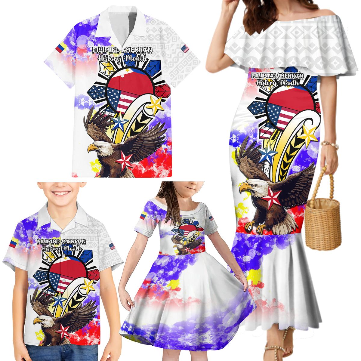 Personalized Filipino American History Month Family Matching Mermaid Dress and Hawaiian Shirt The Eight-Rayed Sun Flags With Bald Eagle LT05 - Polynesian Pride