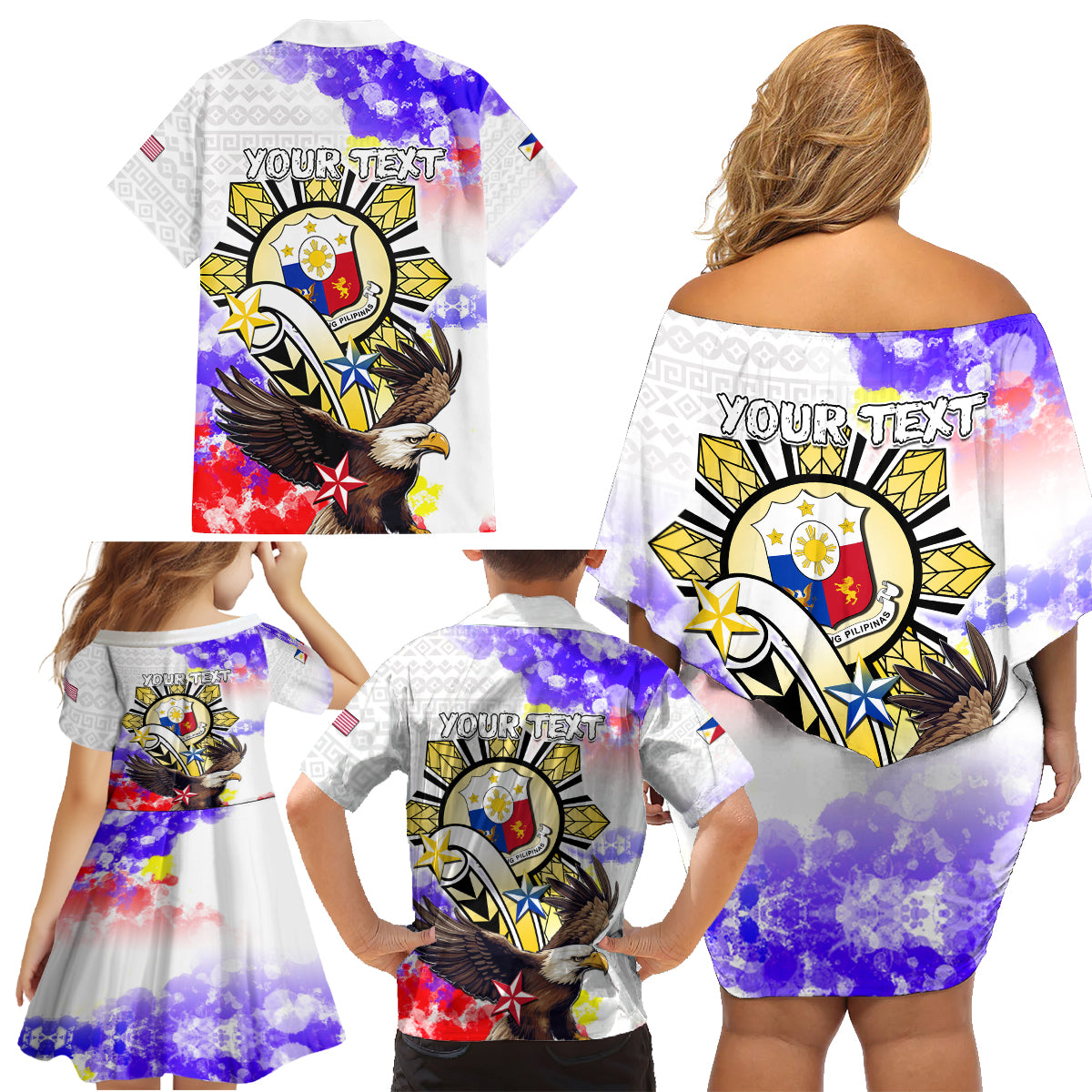 Personalized Filipino American History Month Family Matching Off Shoulder Short Dress and Hawaiian Shirt The Eight-Rayed Sun Flags With Bald Eagle LT05 - Polynesian Pride