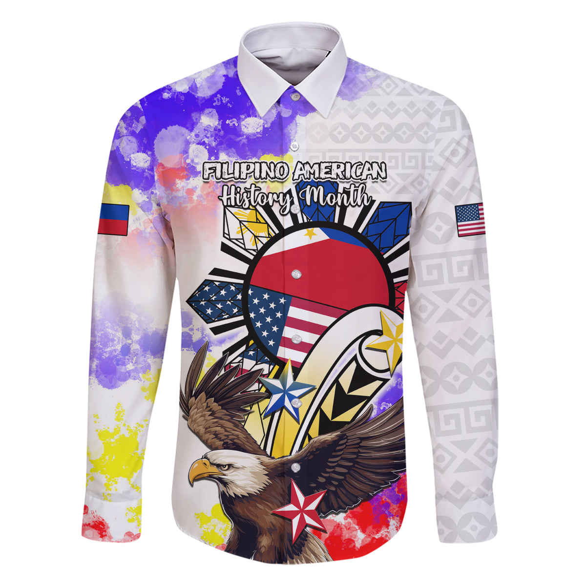 Personalized Filipino American History Month Family Matching Short Sleeve Bodycon Dress and Hawaiian Shirt The Eight-Rayed Sun Flags With Bald Eagle LT05 Dad's Shirt - Long Sleeve White - Polynesian Pride
