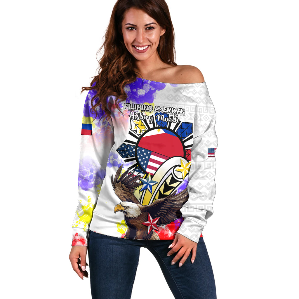 Personalized Filipino American History Month Off Shoulder Sweater The Eight-Rayed Sun Flags With Bald Eagle LT05 Women White - Polynesian Pride