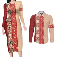 Papua New Guinea Couples Matching Long Sleeve Bodycon Dress and Long Sleeve Button Shirt Oro Tapa Pattern LT05 Beige - Polynesian Pride